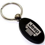 Black Aluminum Metal Oval Jeep Grille Logo Key Chain Fob Chrome Ring