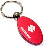 Red Aluminum Metal Oval Suzuki Logo Key Chain Fob Chrome Ring