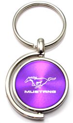 Purple Ford Mustang Logo Brushed Metal Round Spinner Chrome Key Chain Ring Spin
