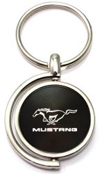 Black Ford Mustang Logo Brushed Metal Round Spinner Chrome Key Chain Ring Spin