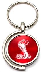 Red Ford Mustang Cobra Logo Brushed Metal Round Spinner Chrome Key Chain Ring
