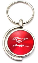 Red Ford Mustang Script Logo Brushed Metal Round Spinner Chrome Key Chain Ring