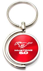 Red Ford Mustang 5.0 Logo Brushed Metal Round Spinner Chrome Key Chain Spin Ring