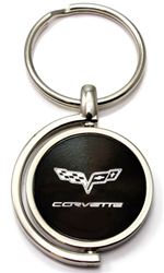 Black Chevy Corvette C6 Logo Brushed Metal Round Spinner Chrome Key Chain Ring