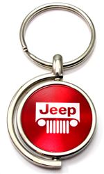 Red Jeep Grille Logo Brushed Metal Round Spinner Chrome Key Chain Spin Ring