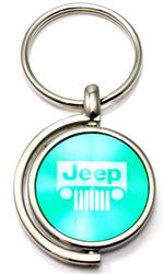 Green Jeep Grille Logo Brushed Metal Round Spinner Chrome Key Chain Spin Ring