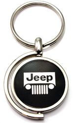 Black Jeep Grille Logo Brushed Metal Round Spinner Chrome Key Chain Spin Ring