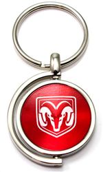 Red Dodge Ram Logo Brushed Metal Round Spinner Chrome Key Chain Spin Ring
