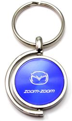 Blue Mazda Zoom-Zoom Logo Brushed Metal Round Spinner Chrome Key Chain Spin Ring