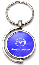 Blue Mazda Miata MX-5 Logo Brushed Metal Round Spinner Chrome Key Chain Ring