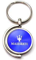 Blue Maserati Logo Brushed Metal Round Spinner Chrome Key Chain Spin Ring