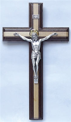 Crucifix - 11" Walnut & Maple Cross with Silverplated Salerni Corpus