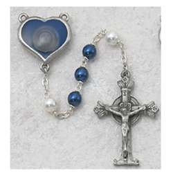 Rosary - Blue Beads with Pearl Our Fathers and Lourdes Water