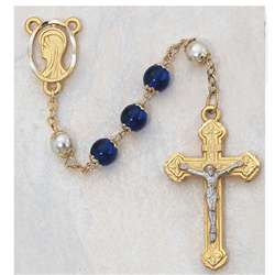 Rosary - Gold with Capped Blue Beads and Capped Pearl Our Father Beads