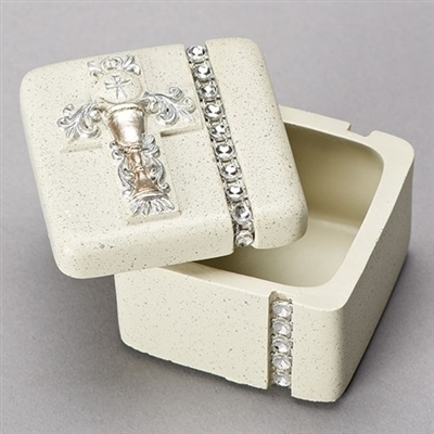 White and Silver First Communion Keepsake Box (1.5"H, 2"W, 2"D)