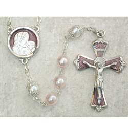 Rosary - Pink Pearl Madonna & Child Enamel Center