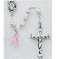 Rosary - Pink Pearl Beads with Our Fathers and Breast Cancer Ribbon