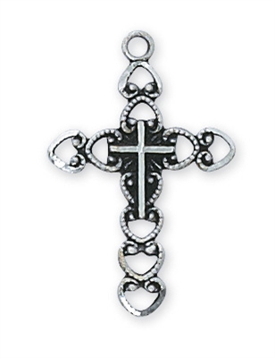 Pendant Pewter Antique Silver Cross Hearts 1-in high 18-in chain