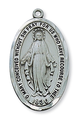 Pendant Pewter Antique Silver Miraculous Medal 1 1/2" X 1" on 24-in Chain