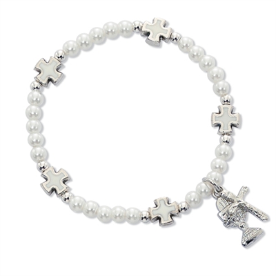 Bracelet Stretchy with White Pearl Beads & Silver Crosses