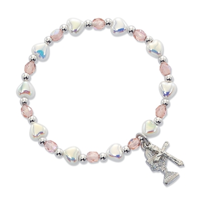 Bracelet Stretchy with Pink Crystal & White Pearl Hearts