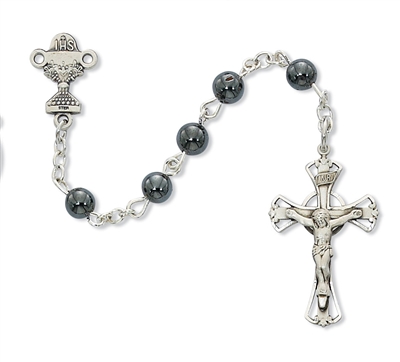 First Communion Rosary Hematite w/ Chalice Center Rhodiumdium Plated