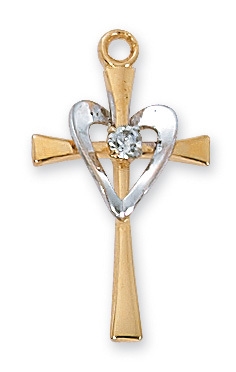 Pendant Cross w/ Heart Cubic Zirconia TwoTone on 18" Chain