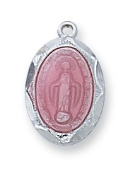 Pendant Sterling Silver Miraculous Medal Pink Enamel on 16" Chain