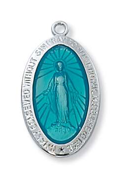 Pendant Sterling Silver Miraculous Medal Blue Enamel on 18" Chain