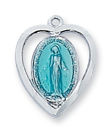 Pendant Sterling Silver Miraculous Medal Blue Enamel on 18" Chain