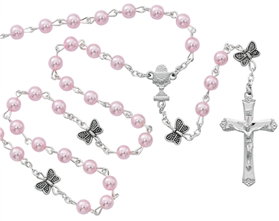 First Communion Rosary 5mm Pink Pearls with Butterflies