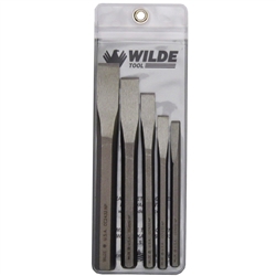 Wilde Tool CC 5.NP-VP, Wilde Tools- 5 Piece Cold Chisel Set Natural Finish Vinyl Pouch Manufactured & Assembled in Hiawatha, Kansas U.S.A.<br>
5-Piece Set<br>
High Carbon Molybdenum Steel <br>
Finish : Polished<br>, Each