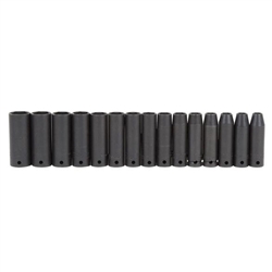 Proto J74217, Proto - 1/2" Drive 15 Piece Impact Metric Thin Wall Socket Set - 6 Point