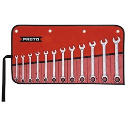 Proto JSCRMT-12S, Proto - 12 Piece Full Polish Metric Combination Non-Reversible Ratcheting Wrench Set - 12 Point