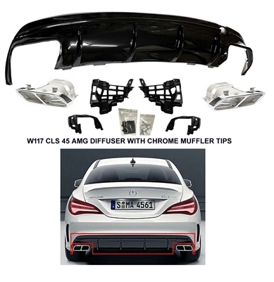 CLA 45 AMG Diffuser + Chrome Muffler Tips W117 C117 2013-2019 CLA200 CLA250 CLA300 CLA350