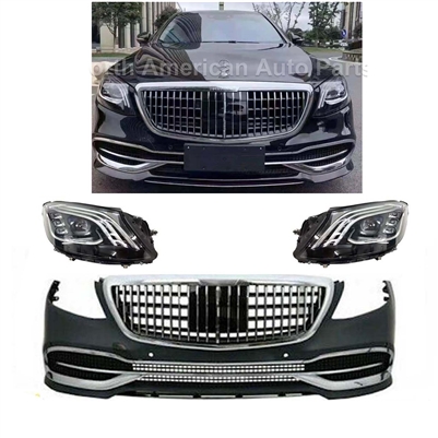 2018-Up Style Maybach Sedan Conversion  Front Bumper + Grille + Led Headlights  W222 S550 S63 S400 S450 2014-2020