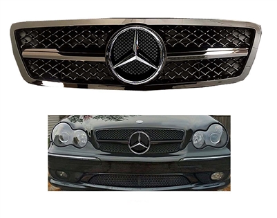 C-Class Sedan Front All Black Grille W/Chrome Star W203 2001-2007 C230 C240 C280 (Will Not Fit On C55 AMG)