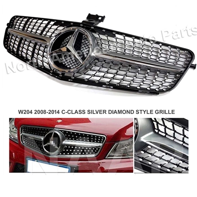 C-Class C63 AMG Style Diamond Silver Grille With Star 1 Fin 08-14 W204 C300/C350/C250 (Will Not Fit On C63)