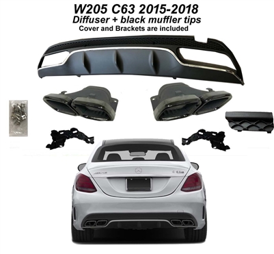 C63 4 Door Diffuser + Black Muffler Tips W205 2015-2018 C63 C300 C250 C350 (Sedan Only)