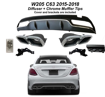 C63 4 Door Diffuser + Chrome Muffler Tips W205 2015-2018 C63 C300 C250 C350 (Sedan Only)