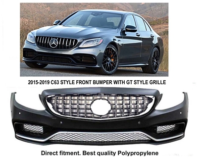 C63 Front Bumper With GT-R Style Grille W205 2015-2018 C200 C250 C300 C350 (Sedan Only)