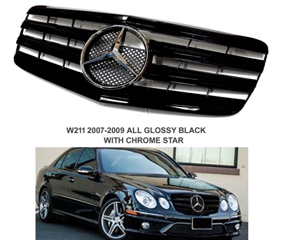 E-Class Grille AMG Style All GLossy Black With Chrome Star W211 2007 2008 2009 E550 E350 E63