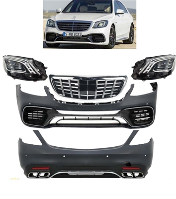 S63 Conversion Kit Complete + 18-Up Led Headlights + GT Grille W222 2014-2020 S550 S600 S63 S500