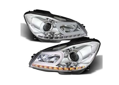 Depo C-Class C63 AMG Style Projector Led Chrome Headlights Pair 12-14 W204 C250/C300/C350/C280 (Fits Factory Halogen Only)
