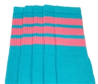 Mid calf AQUA sock with BUBBLEGUM PINK stripes