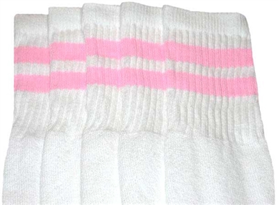 Mid calf White tube socks with Baby Pink stripes style 2