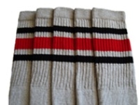 Mid calf Grey socks with Black-Red stripes