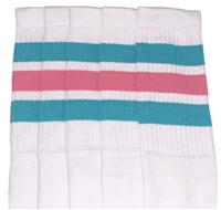 Knee high White socks with Aqua/BubbleGum Pink stripes
