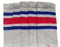 Knee high Grey socks with Royal Blue-Red  stripes