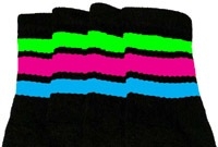 Knee high socks with Neon Green-Hot Pink-Baby Blue stripes